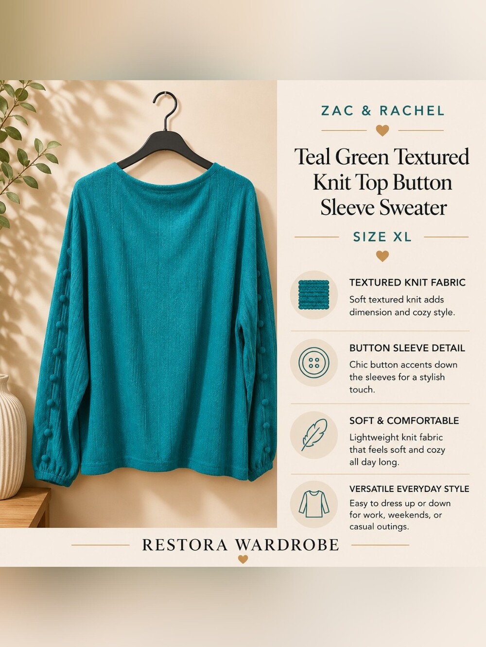Zac & Rachel Teal Textured Knit Boat Neck Button Sleeve Sweater XL